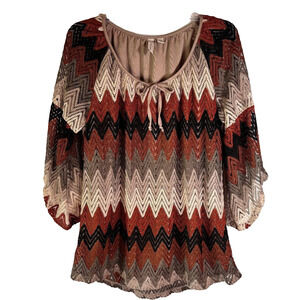 Tacera Blouse 3/4 Sleeve Crocheted Chevron Pattern Size 1X Fall Autumn Boho